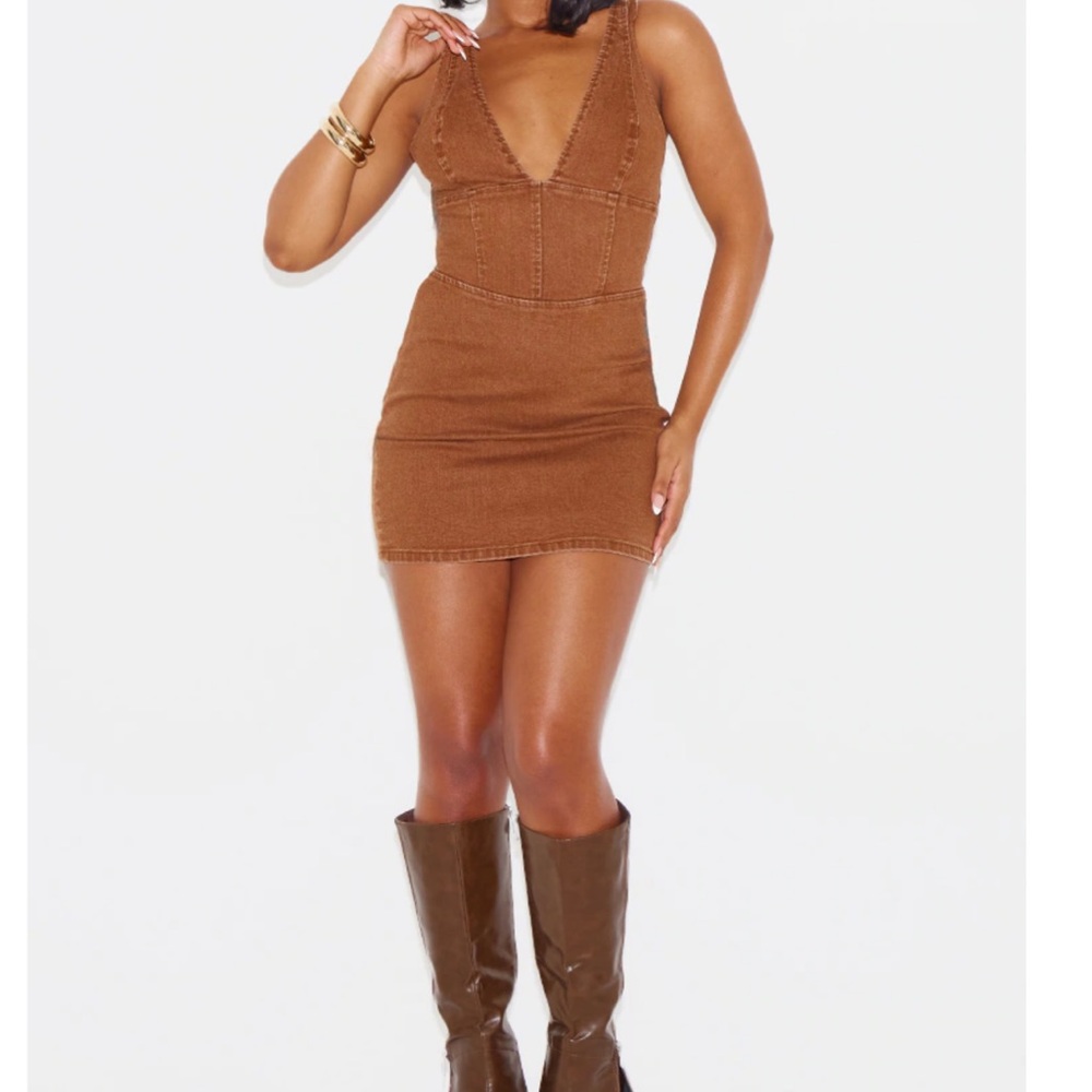 Brown Plunge Corset Style Denim Mini Dress